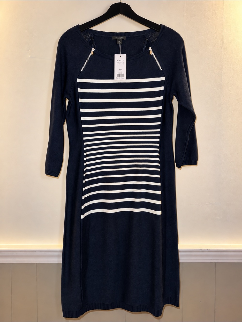 Ann Taylor Navy and White Striped 3/4-Sleeve Knit Sheath Dress with Zip Details